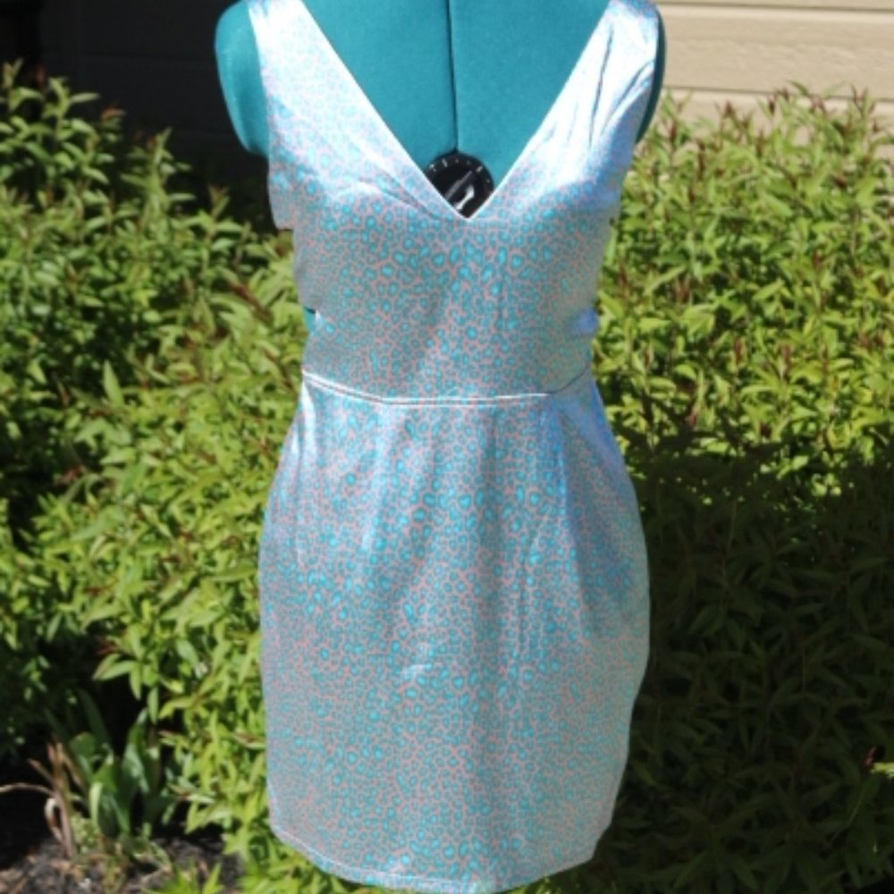 Sweet Storm- satin baby blue and pink animal print. mini dress , size med